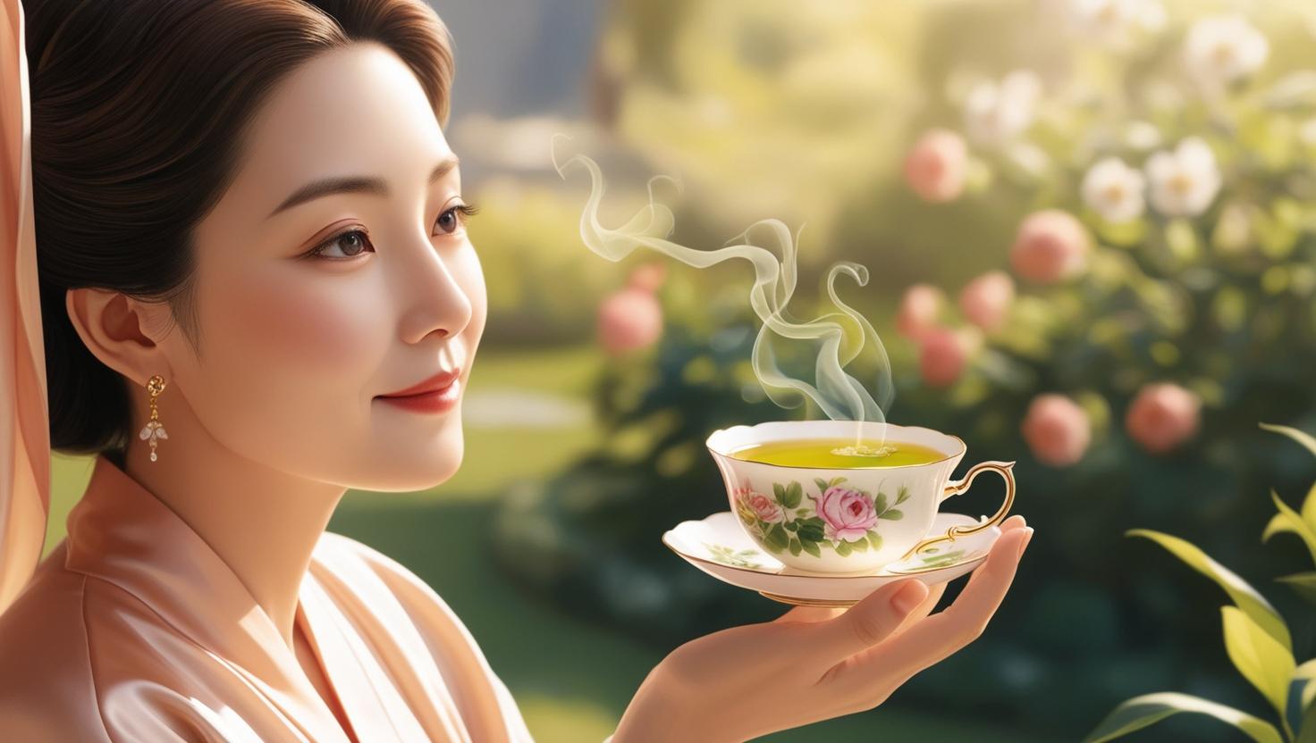 50대 여성의 녹차마시는 모습사진