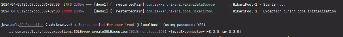 Spring Boot MySQL 연결 실패 로그