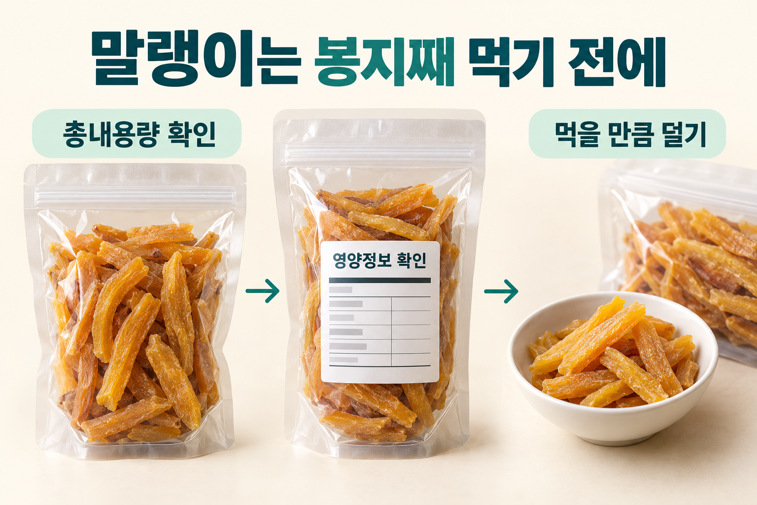 고구마 말랭이 포장의 총내용량과 영양정보를 확인하고 먹을 만큼 접시에 덜어 나머지를 닫는 과정.