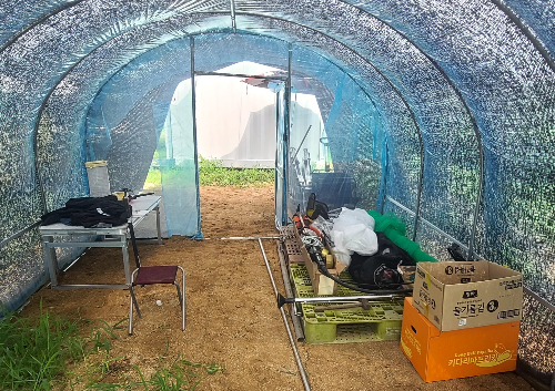 충주 농장 비닐하우스 내부, 파렛트 위 농기구 정리 모습