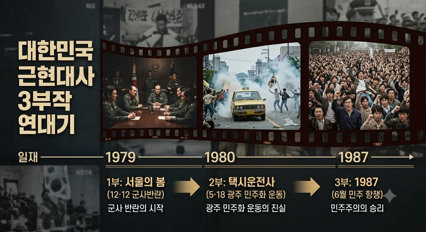 대한민국 근현대사 3대 실화 영화 서울의 봄 택시운전사 1987 연대기 비교도