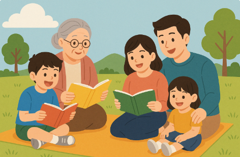 3대가 공원에 앉아 책을 보고 있는 모습
