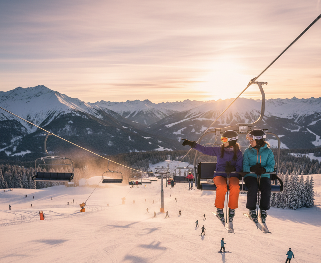 스키 장비를 착용한 두 여성이 해 질 녘 눈 덮인 산을 스키 리프트 타고 올라가고 있으며, 배경에는 광활한 산맥이 펼쳐지고 아래 슬로프에는 다른 스키어들이 보인다.