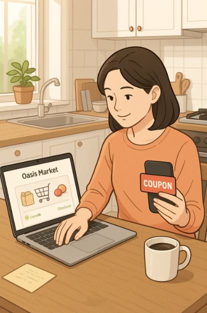 육아맘이 온라인으로 장바구니를 정리하며 할인 쿠폰을 적용하는 모습