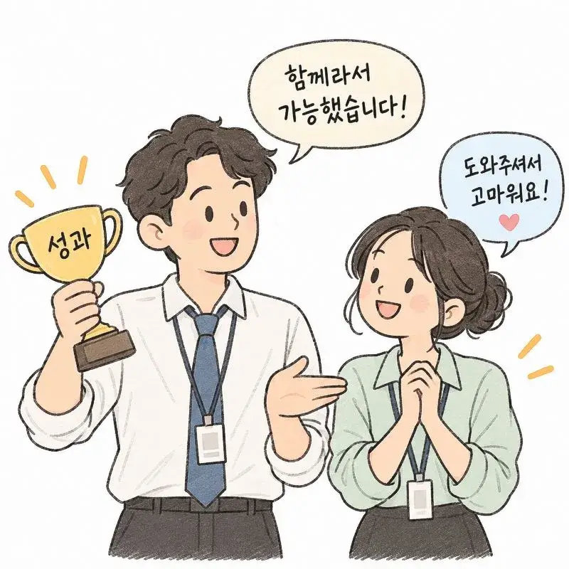 겸광수익의 의미를 표현한 일러스트로, 성과를 얻은 인물이 동료의 도움을 함께 인정하며 감사와 겸손의 태도를 보여주는 모습