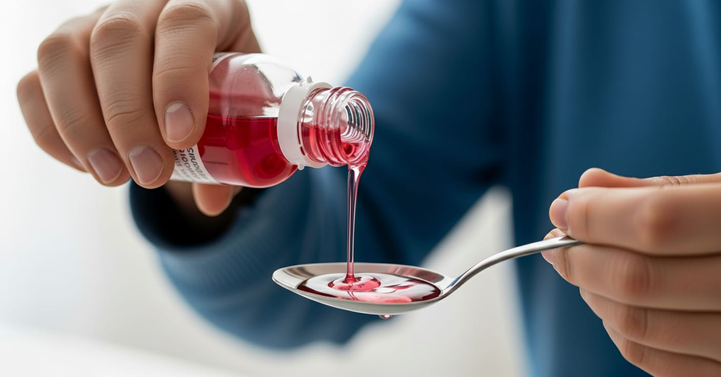 항생제 시럽을 스푼에 따르는 장면