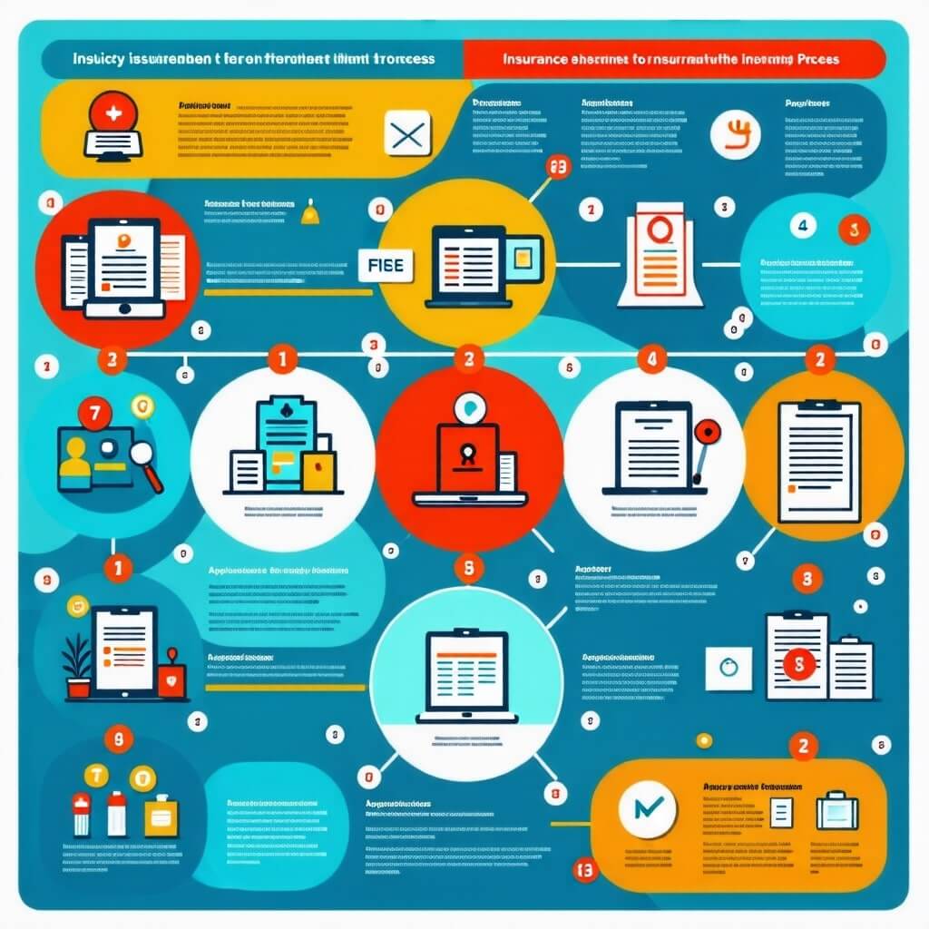 보험 가입 절차를 설명하는 인포그래픽. 단계별로 시각적으로 쉽게 이해할 수 있도록 구성되어 있다.