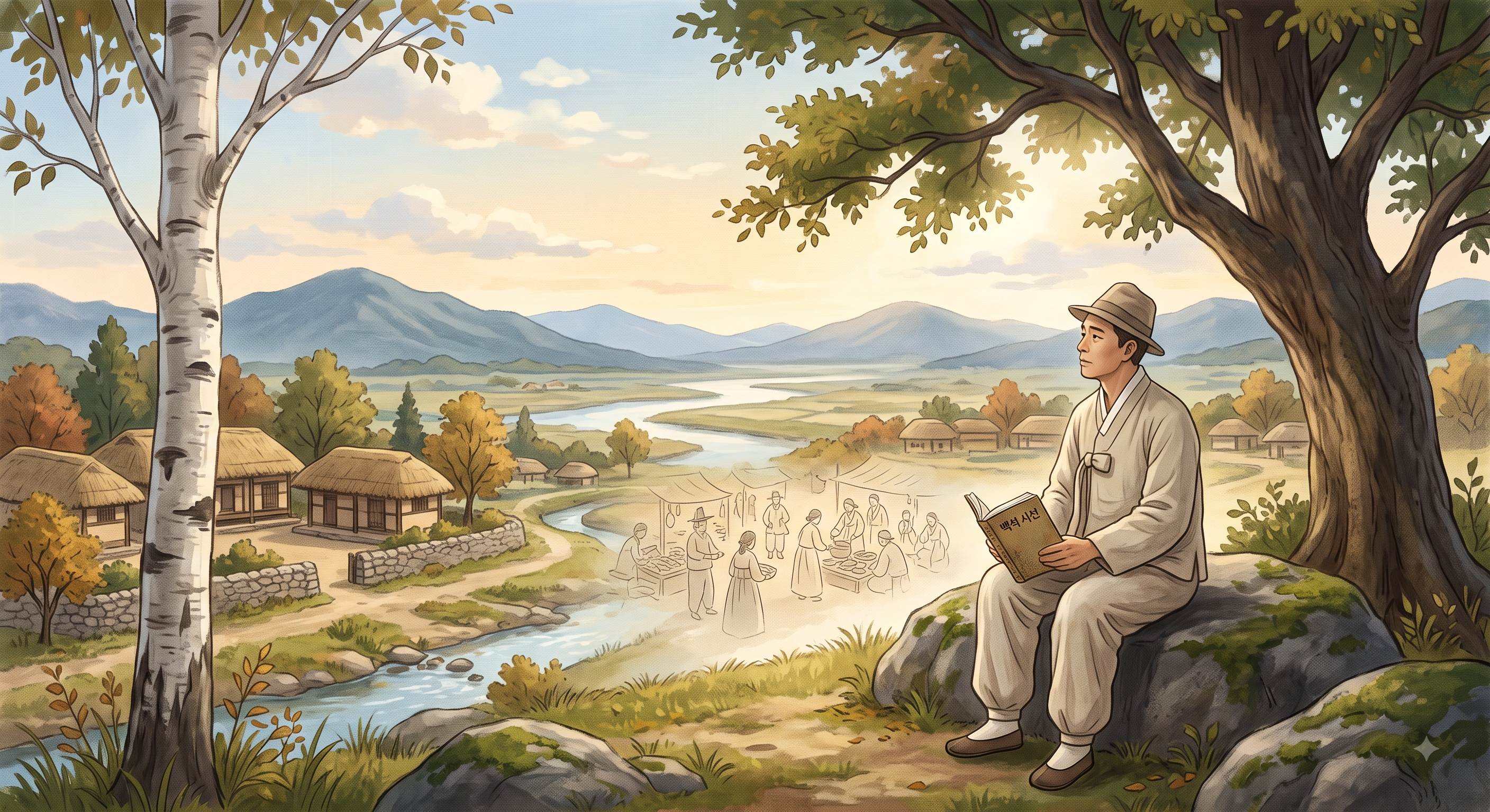 백석 시선 요약: 자작나무 아래 앉아 평화로운 고향 마을 공동체를 바라보는 시인의 뒷모습을 그린 서정적인 일러스트. 토속적 시어와 현대적 고독을 표현함.