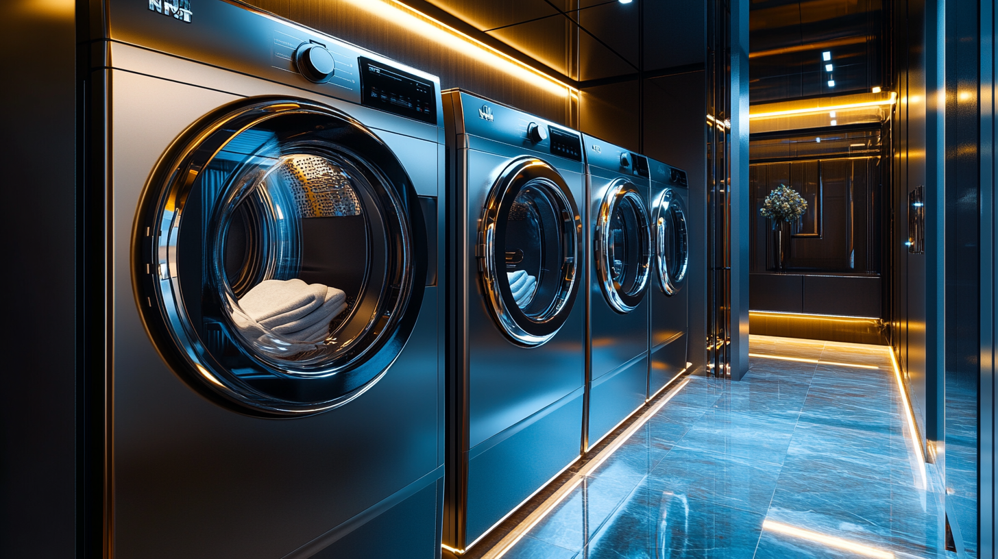 스마트 기술과 미니멀리스트 인테리어 디자인을 강조하며, 고급 세탁기로 장식된 세련된 분위기의 고급 세탁실