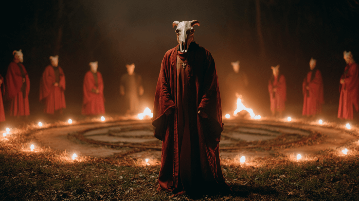 가면을-쓰고-있는-신도들과-중심에-있는-지도자