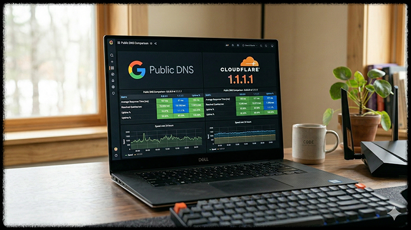 Google DNS와 Cloudflare DNS 서버를 비교하는 네트워크 설정 화면