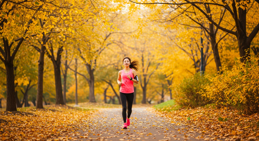 가을 공원에서 조깅하는 한국 여성