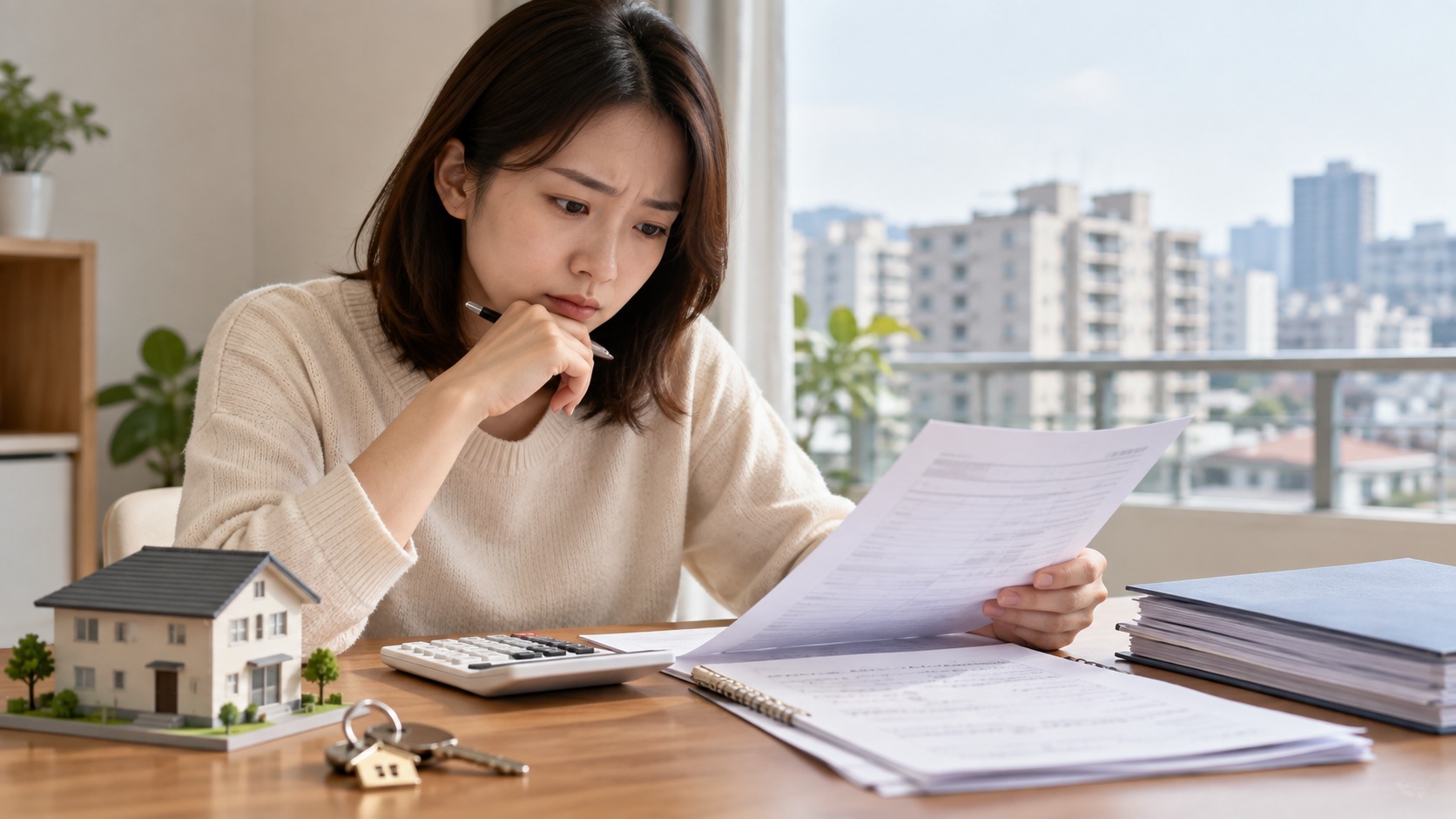 임차인이 서류와 계산기를 보며 보증금 피해 회복액을 계산하는 장면