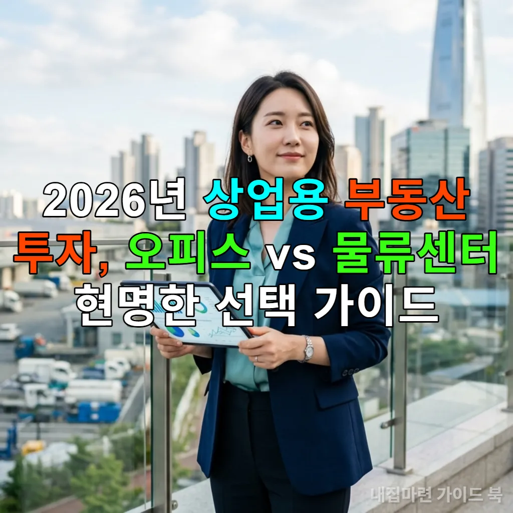 서울 강남의 오피스 빌딩과 물류센터를 배경으로 태블릿을 들고 있는 한국인 여성 투자자