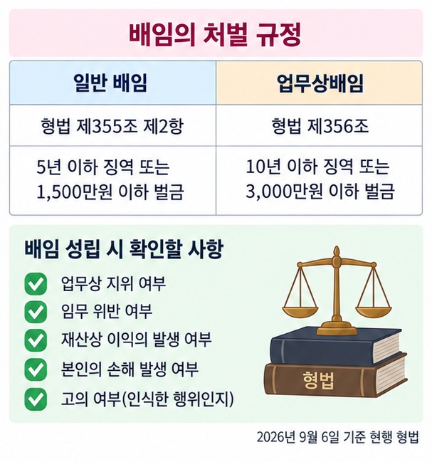 일반 배임과 업무상배임의 법정형 및 성립 여부를 확인하는 핵심 항목을 정리한 이미지