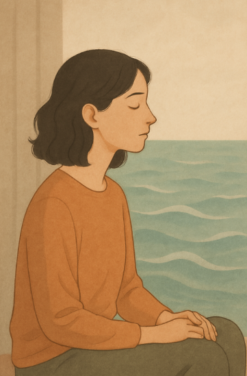 잔잔한 물결 앞에 앉아 호흡하는 사람 사진