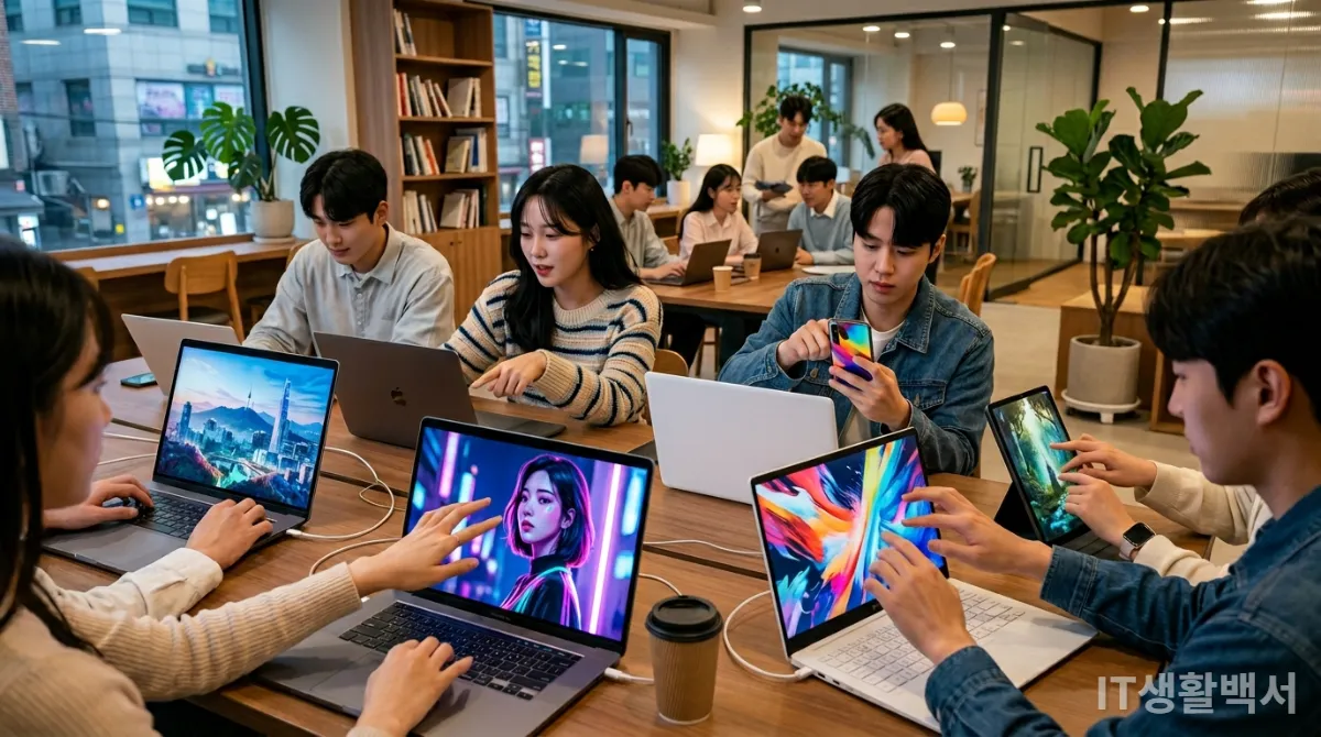 다양한 AI 생성 이미지를 보여주는 디지털 화면과 이를 조작하는 손