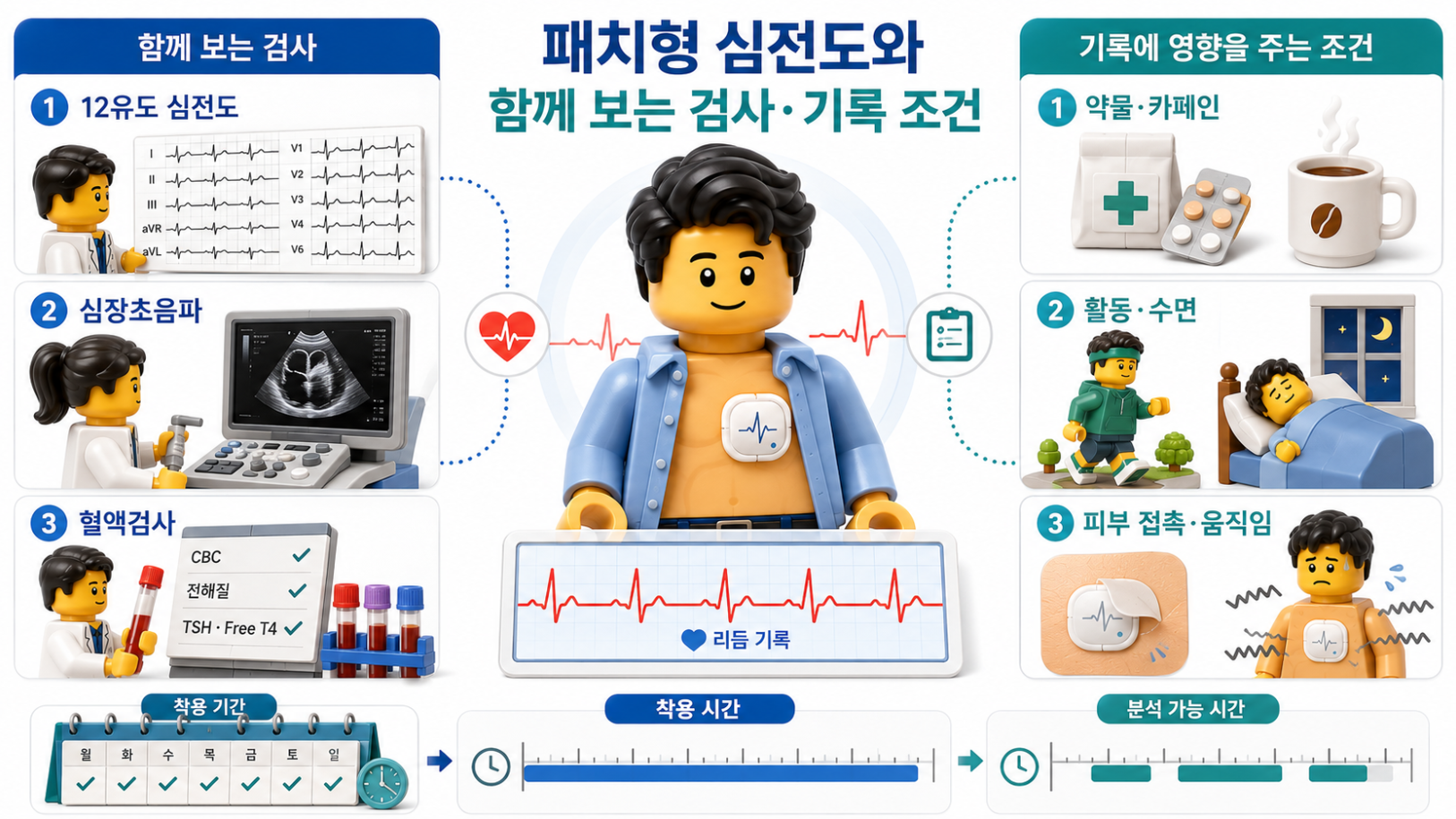 패치형 심전도와 함께 보는 검사 및 기록에 영향을 주는 조건을 정리한 의료 비교 인포그래픽