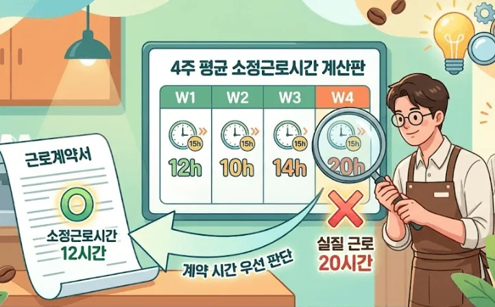 초단시간근로자: 안경을 쓴 카페 직원이 돋보기로 '4주 평균 소정근로시간 계산판'을 확인하는 일러스트입니다. 4주 차에 '실질 근로 20시간'이 발생해 빨간색 X 표시가 되어 있습니다. 반면 옆에 놓인 근로계약서에는 '소정근로시간 12시간' 문구와 초록색 O 표시가 있으며, '계약 시간 우선 판단' 화살표가 이를 가리킵니다. 초단시간근로자 기준은 실제 근로시간이 아닌 계약서상 소정근로시간임을 시각적으로 설명합니다.