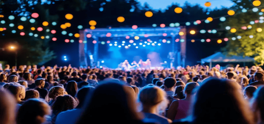 야외 콘서트 현장에서 수많은 관객들이 무대 앞에 모여 공연을 즐기고 있는 모습