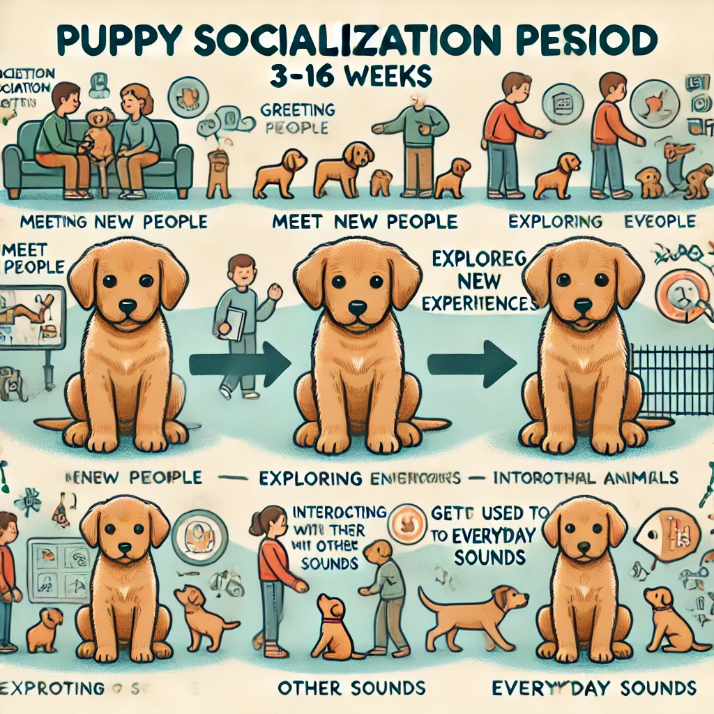 강아지의 사회화 골든타임(3~16주)을 나타내는 시각적 표현