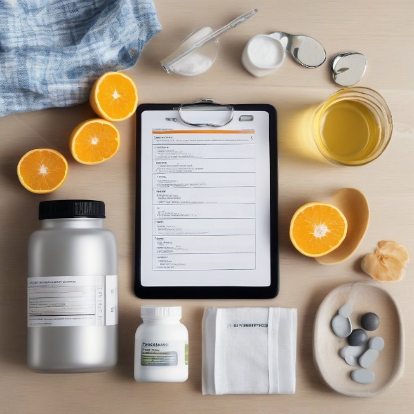 아연, 비타민C, D, 프로바이오틱스 등 면역 영양제와 물, 회복 체크리스트가 정돈된 테이블 위 스튜디오컷