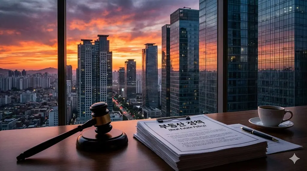 1.29 부동산 대책 발표 이후 노을 진 서울 강남 고층 아파트 단지와 부동산 정책 서류