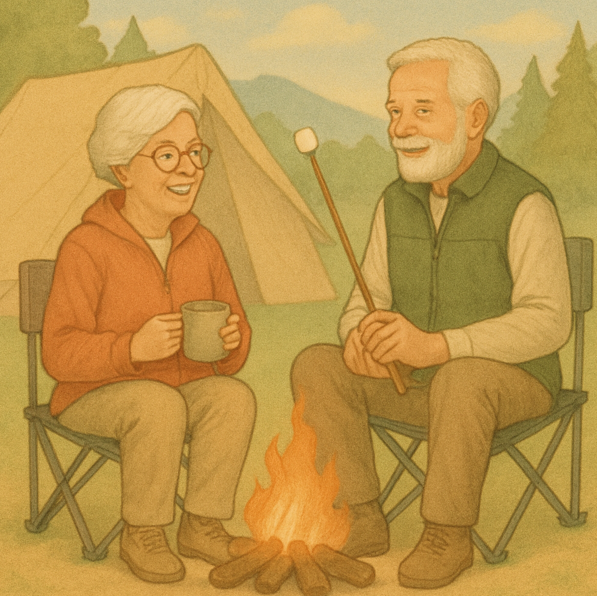 노부부가 캠핑을 즐기고 있는 장면