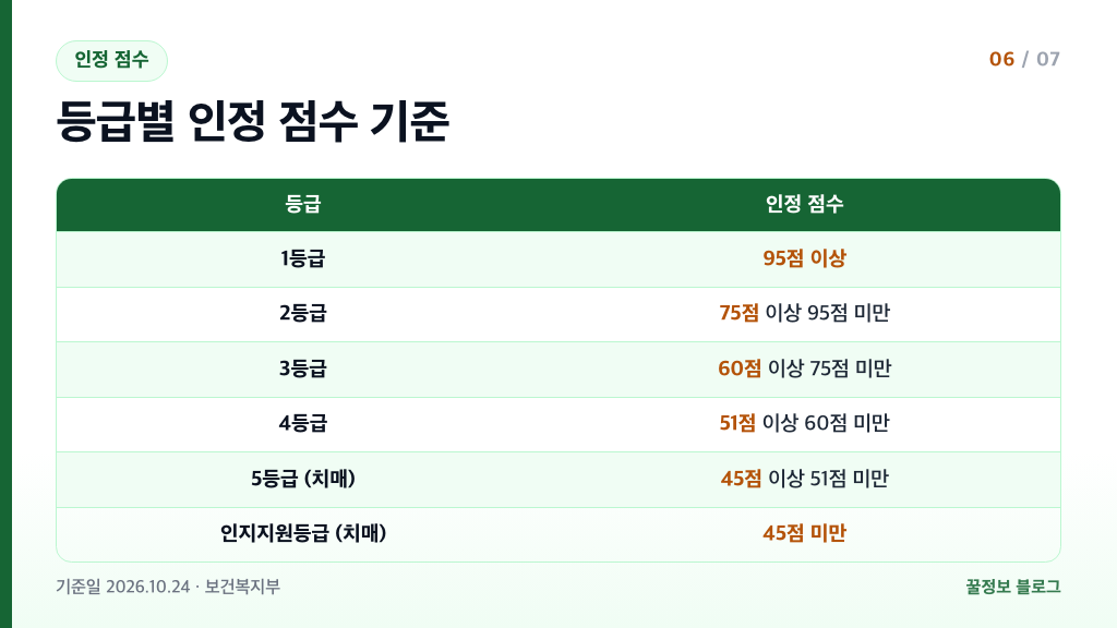 장기요양등급 인정 점수 기준 1등급 95점 이상부터 5등급 45점 이상 51점 미만 인지지원등급 표