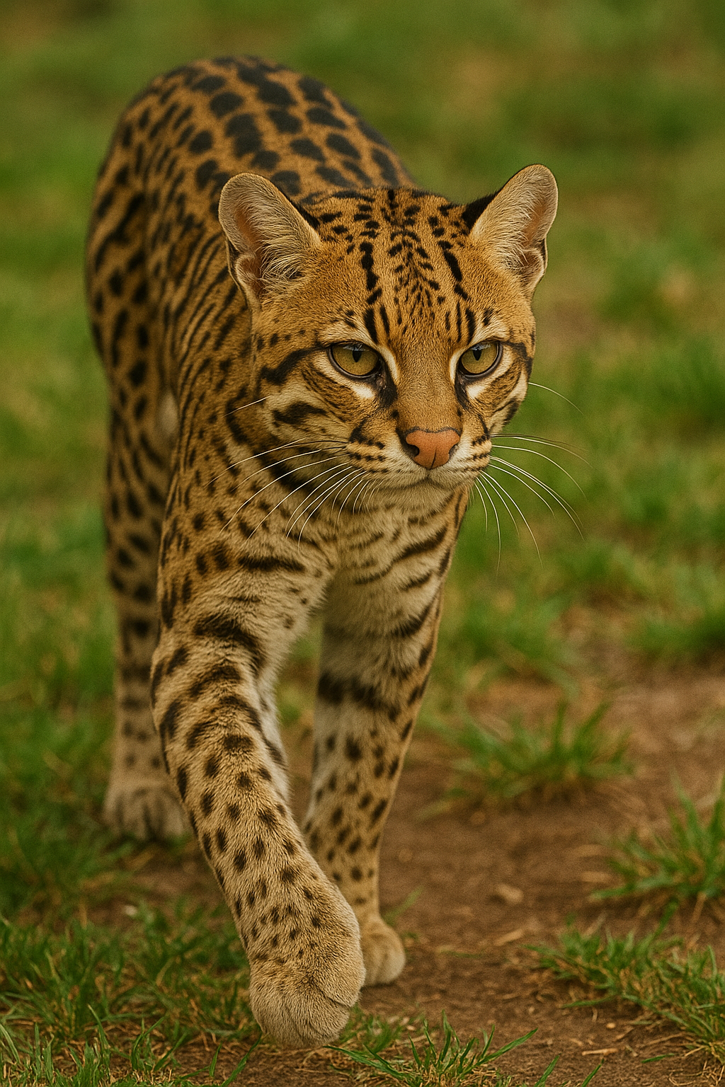 풀밭 위를 조용히 걷는 오셀롯의 강렬한 눈빛