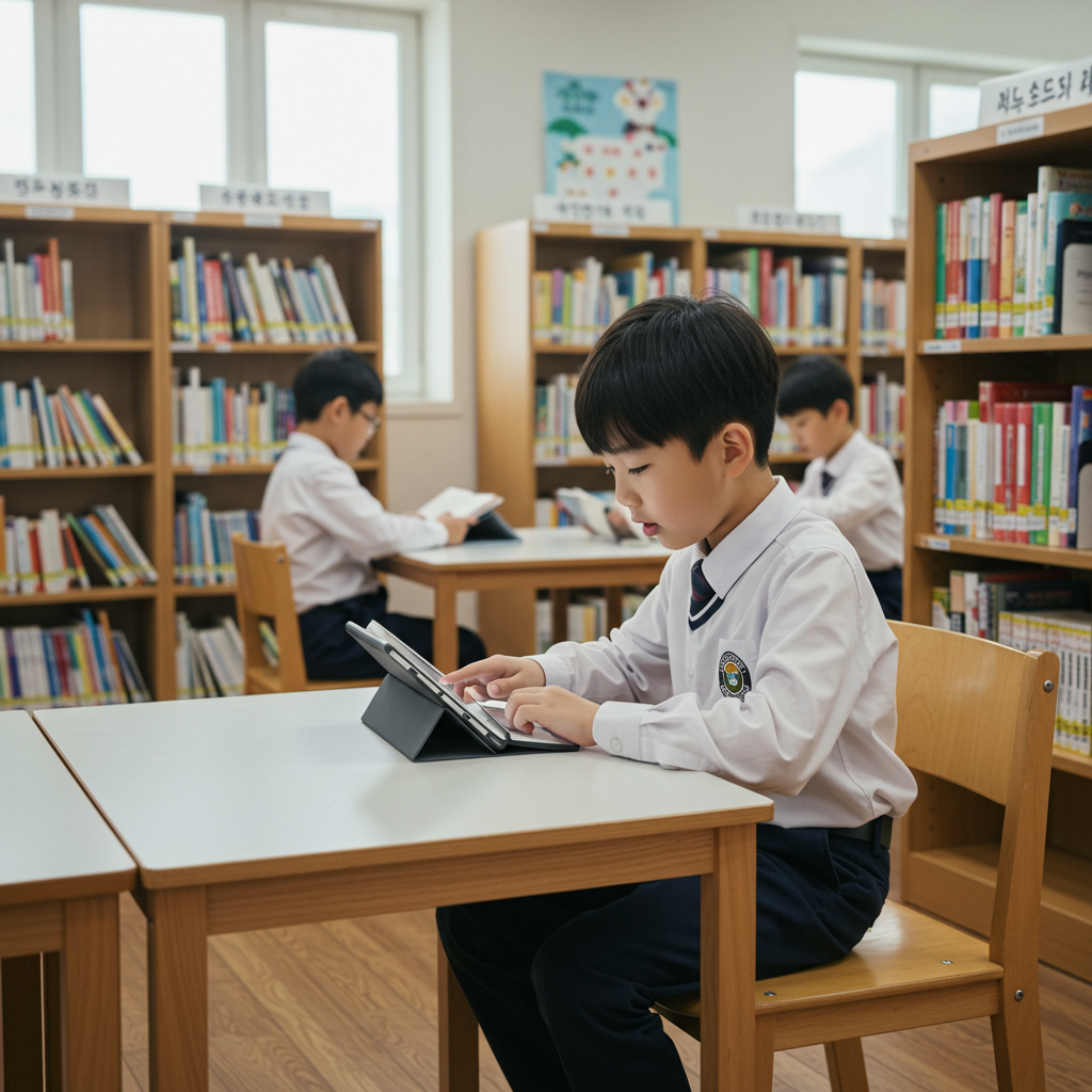 도서관에서 자기주도학습 중인 초등 고학년