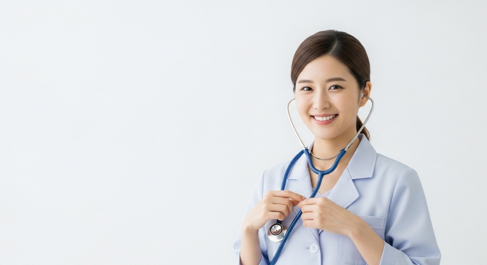 보건교사가 청진기를 준비하는 모습