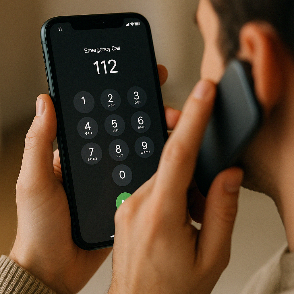 112에 전화를 거는 응급 상황 장면