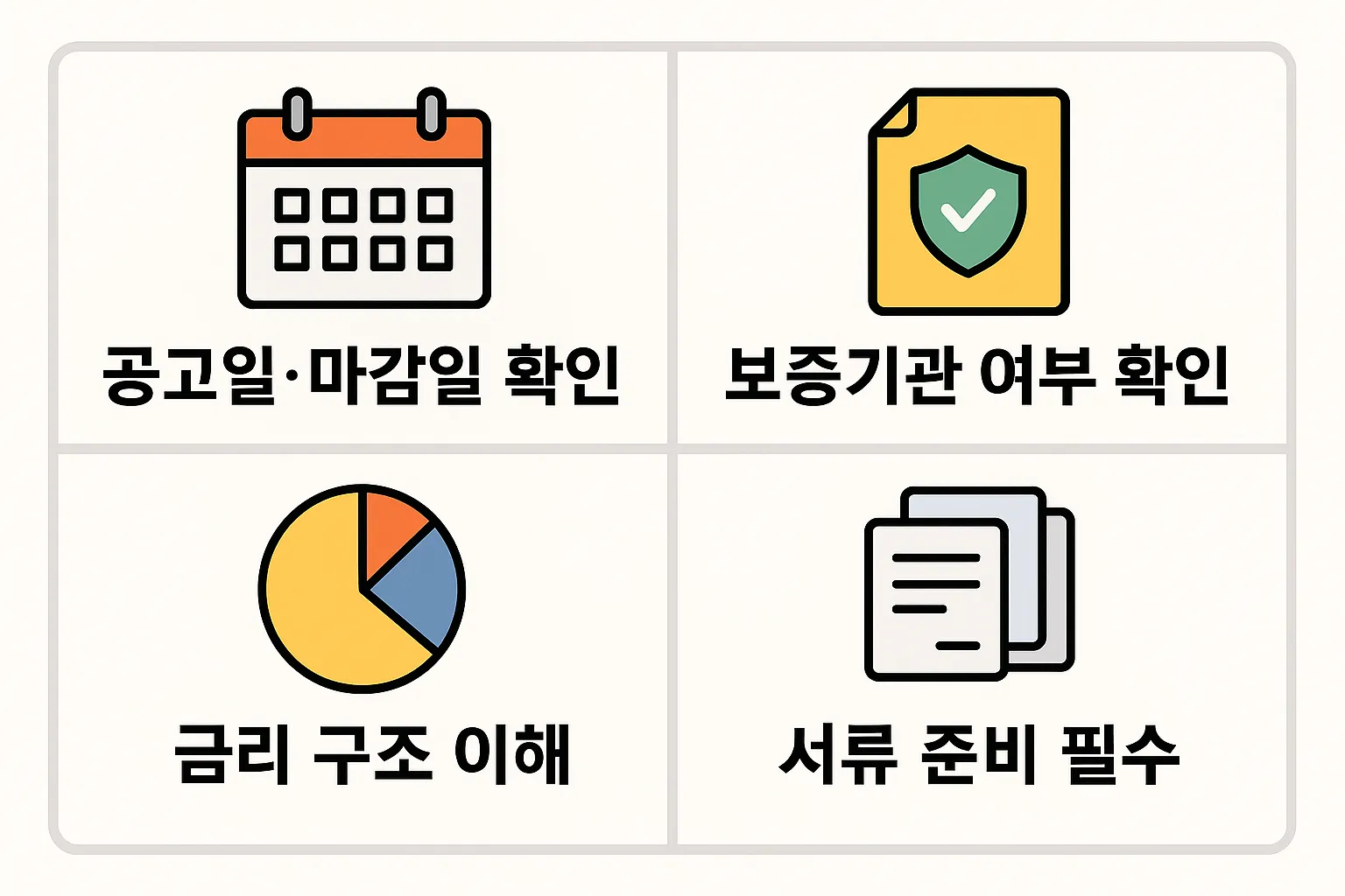 창업지원금 대출 신청 전 확인해야 할 공고일과 마감일, 보증기관 여부, 금리 구조 이해, 필수 서류 준비 사항을 정리한 기본 체크리스트 인포그래픽