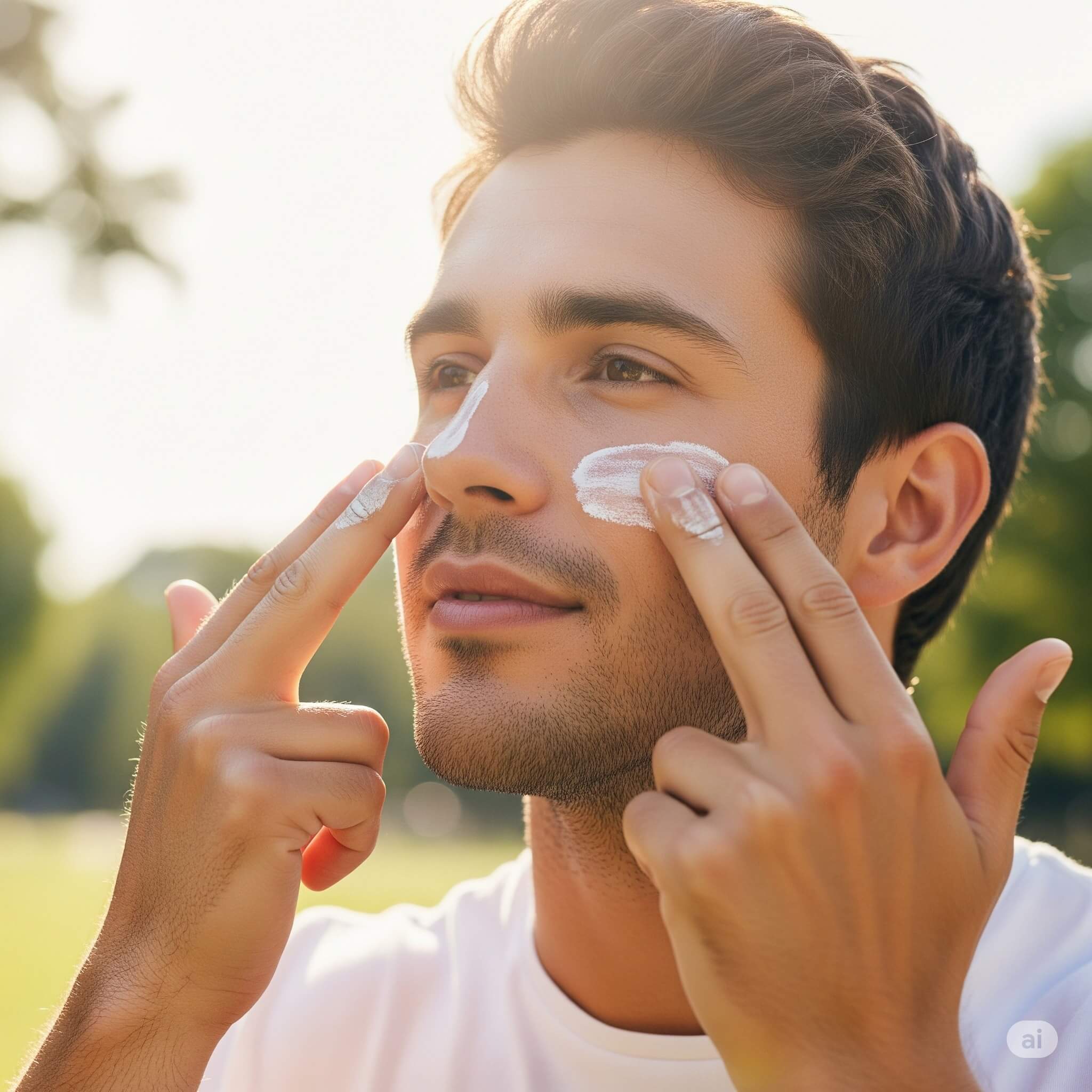 얼굴에 자외선 차단제를 꼼꼼하게 바르는 모습