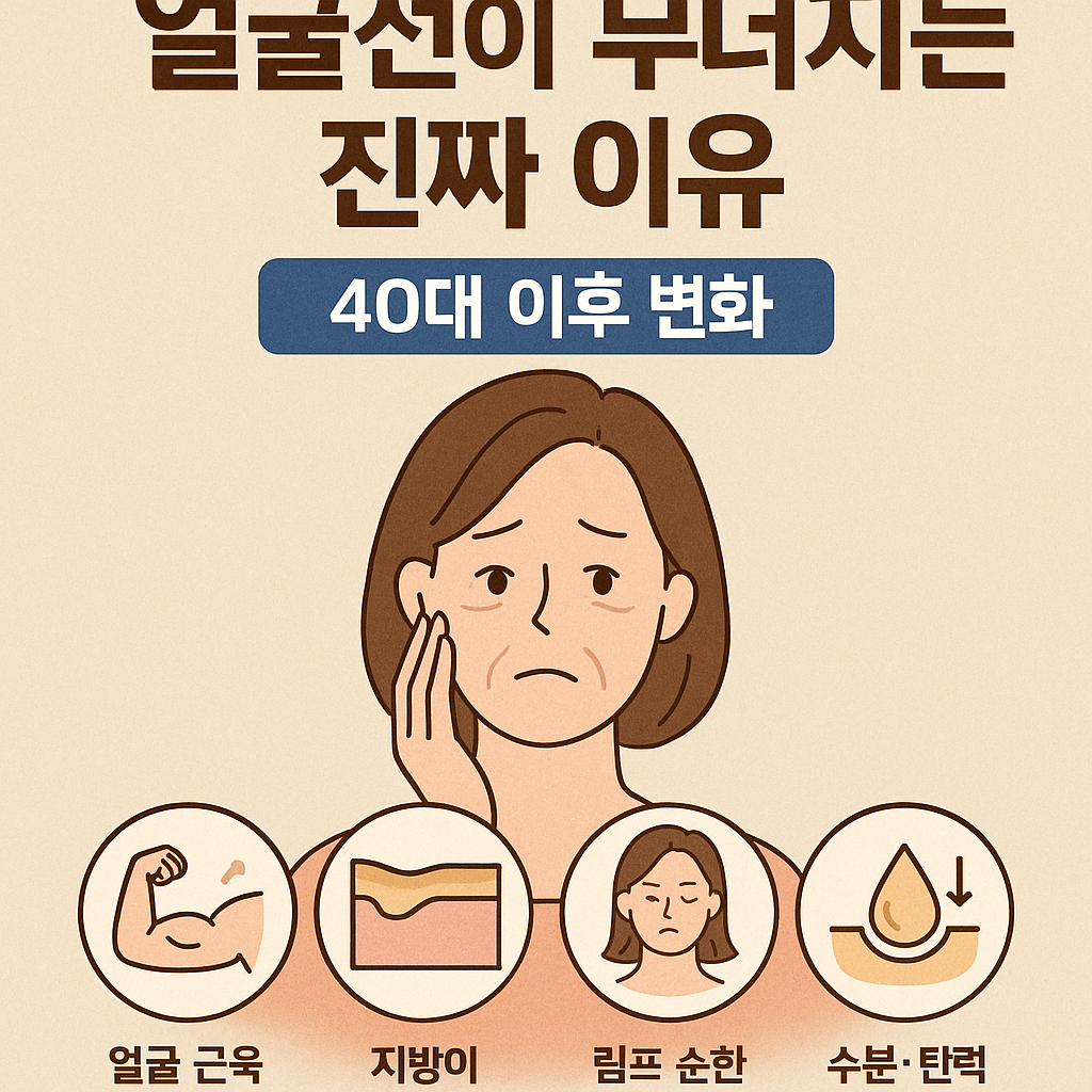 40대 이후 얼굴선이 무너지는 원인을 설명하는 한국어 인포그래픽 스타일의 디지털 일러스트, 얼굴 근육과 지방, 림프 변화 시각화