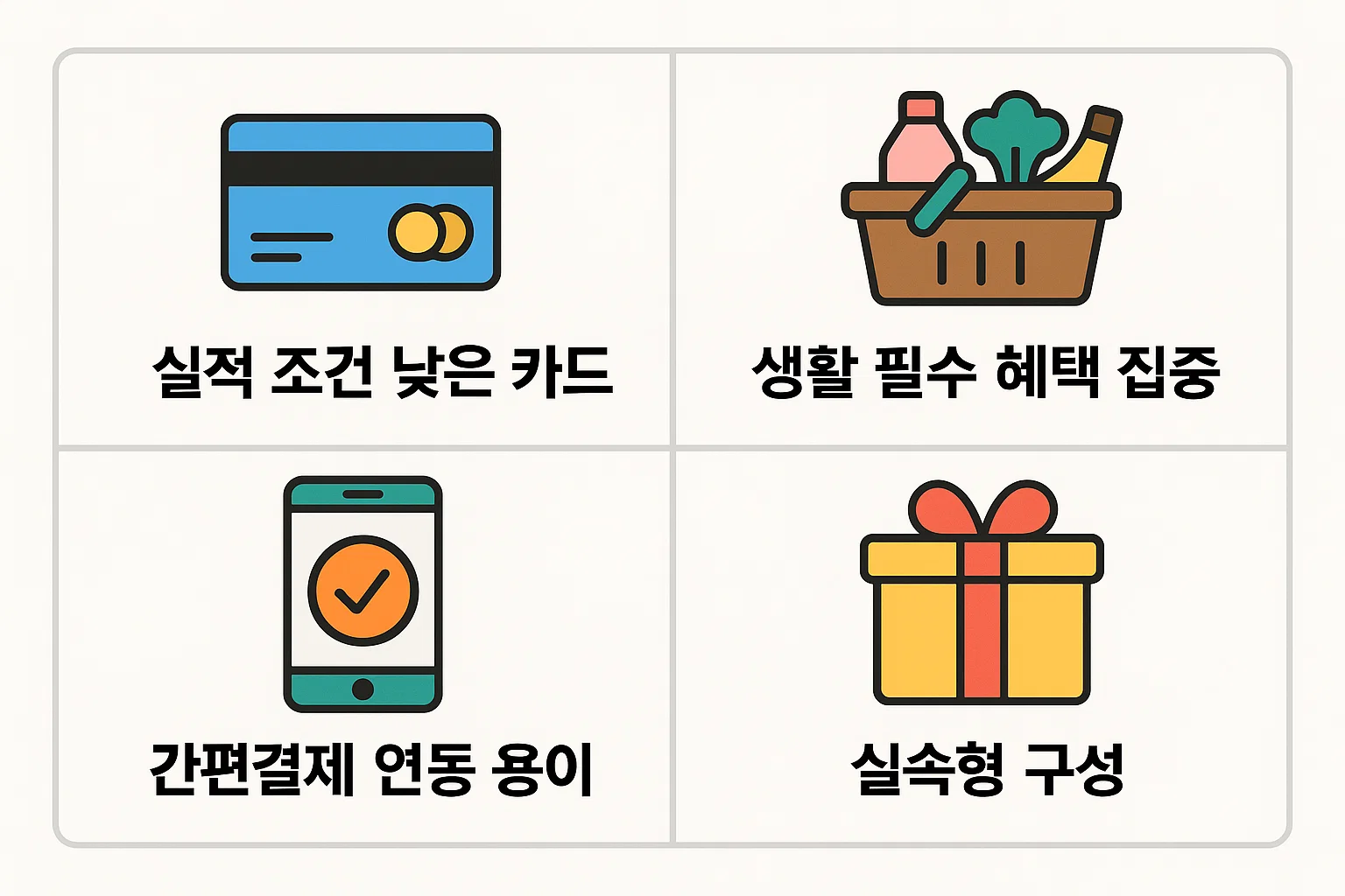 실적 조건이 낮고 생활 필수 혜택에 집중된 농협체크카드 선정 기준을 정리한 인포그래픽. 간편결제 연동과 실속형 구성의 장점을 시각화함.