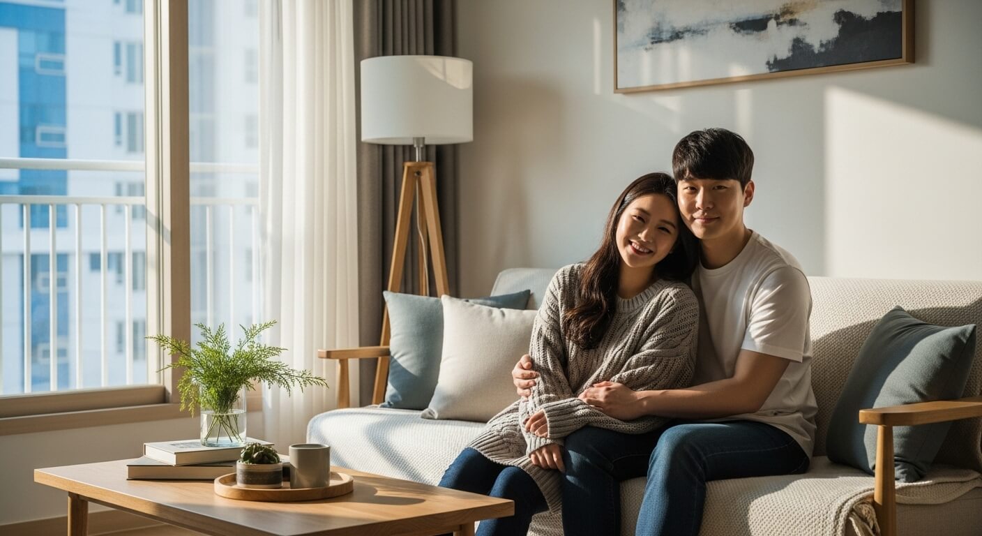 아파트 거실 소파에 앉아 함께 카메라를 바라보는 청년 부부