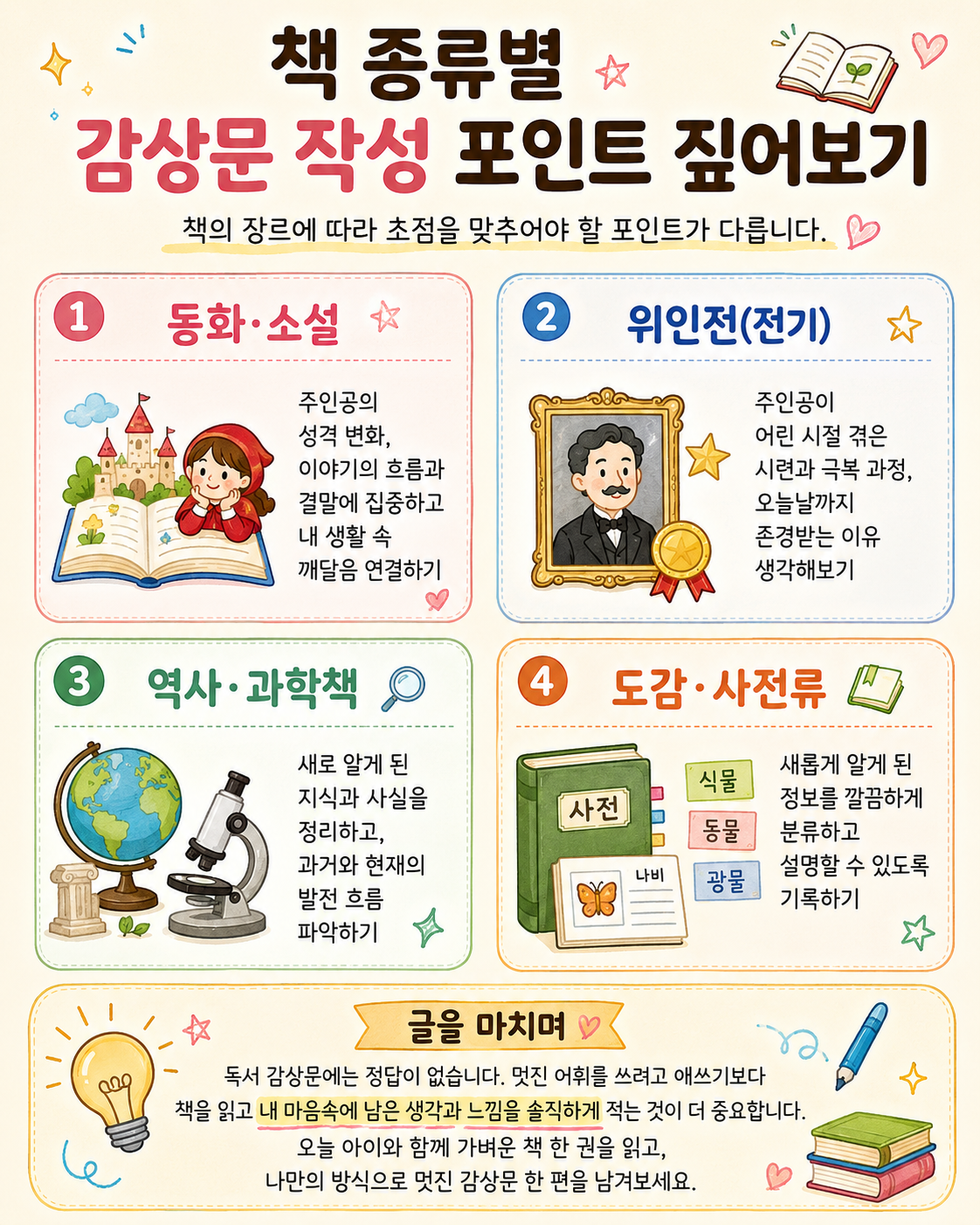 초등 책 종류별로 독서 감상문 적기 동화 소설 위인전 역사 과학 인물 사전 잡지 등