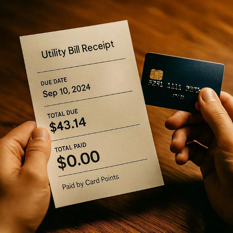 통신비 청구서에 카드 포인트 통신비 납부로 0원이 찍힌 영수증. 옆에는 현금 대신 카드를 보여주는 손.