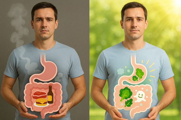육류 중심 식단과 채소 중심 식단에 따른 장 건강과 체취 차이를 보여주는 비교 이미지 – 한쪽은 고기·술·기름 중심의 장에서 냄새 연기가 올라오고, 반대쪽은 채소·유산균 아이콘과 함께 상쾌한 장 이미지를 표현