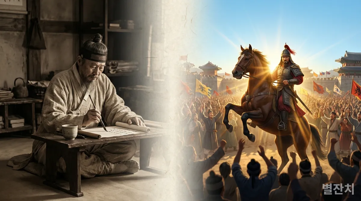 숨은 영웅과 대중적 인물의 대비를 보여주는 한국화 스타일 이미지