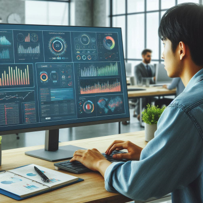 "데이터 분석과 함께 복잡한 시각적 대시보드를 작업하는 모습"
