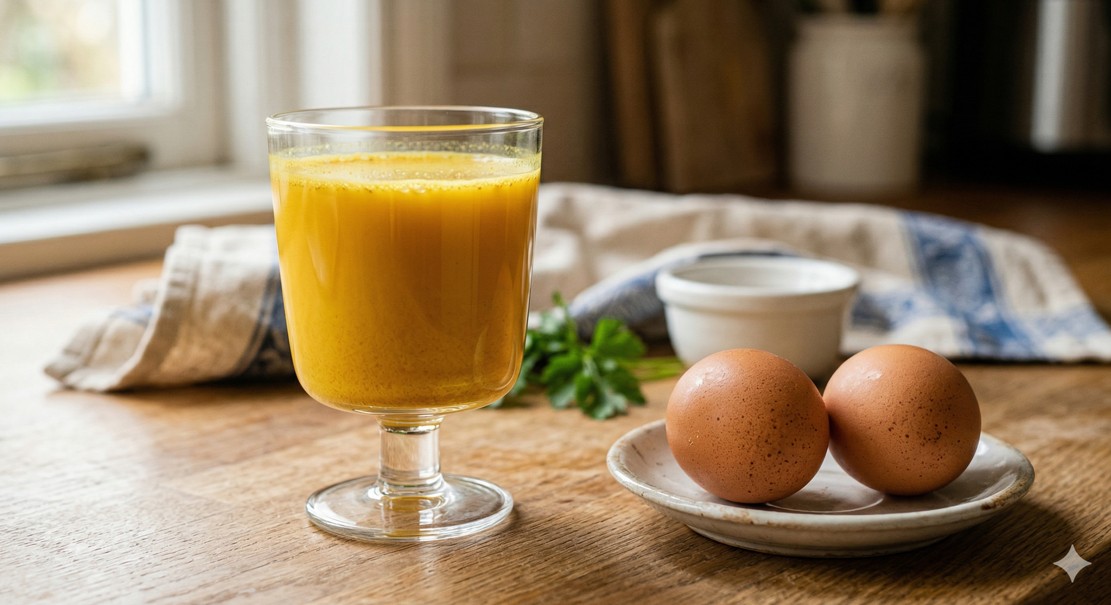 투명한 유리잔에 담긴 황금빛 건강 음료와 그 옆에 놓인 신선한 달걀 두 알