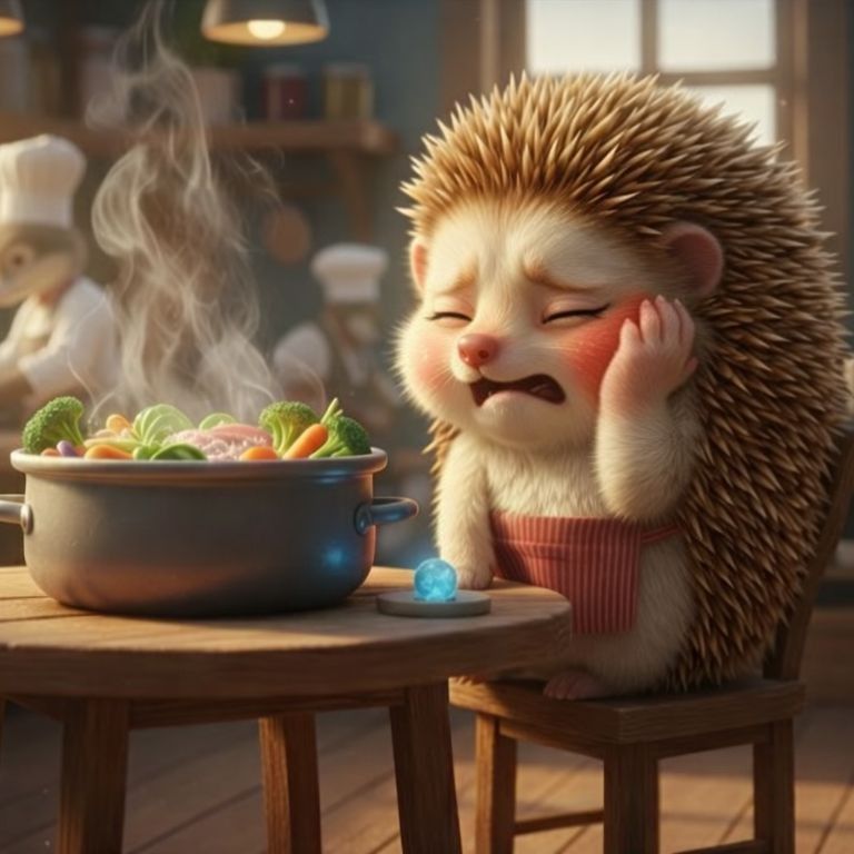 밥을 먹을 때 타석때문에 통증을 느끼고 있는 도치씨의 모습