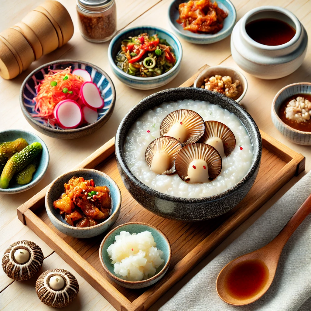 전복죽과 곁들임 음식이 함께 차려진 정갈한 상차림.