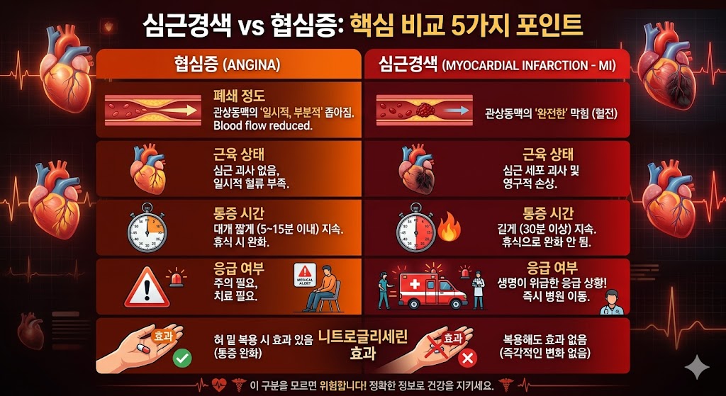 심근경색 협심증 구분 비교표 폐쇄정도 통증지속 응급여부 니트로글리세린 효과