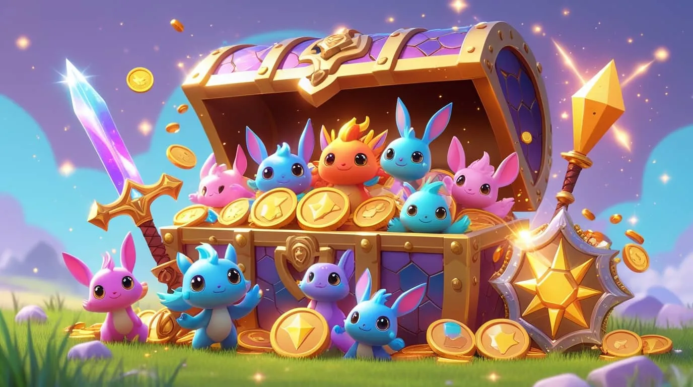 &lsquo;보물상자에서 튀어나오는 귀여운 캐릭터와 코인&rsquo;이라는 문구가 포함된 대표 이미지. 이 이미지는 게임파이(GameFi)의 핵심 요소인 NFT 아이템 소유와 P2E 보상을 유쾌하게 표현하며, 블록체인 게임의 긍정적 가능성을 시각적으로 전달함 (GameFi treasure chest, NFT items, blockchain gaming illustration).