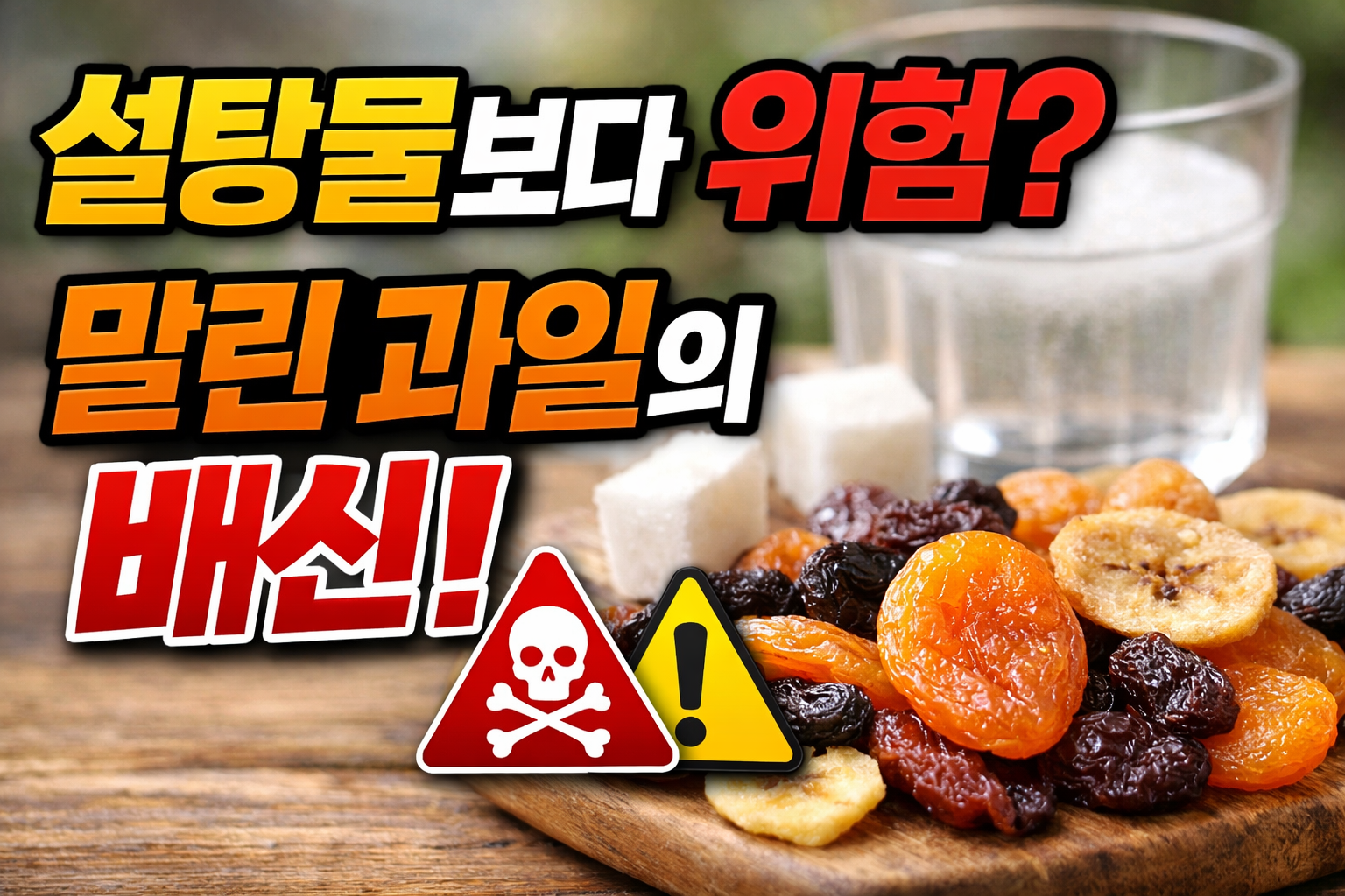 설탕물보다 위험? 말린 과일의 배신! 문구와 함께 말린 과일 모둠, 설탕 큐브, 물컵, 경고·해골 아이콘이 보이는 썸네일 이미지