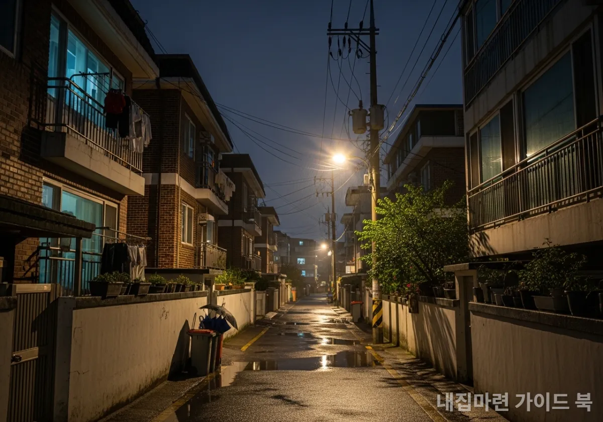 밤늦은 시각 한국의 주택가 골목길 풍경